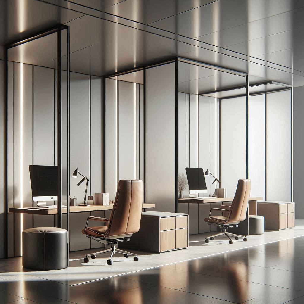 Industrial‑chic co‑working pod with exposed brick, metal accents and floor‑to‑ceiling windows