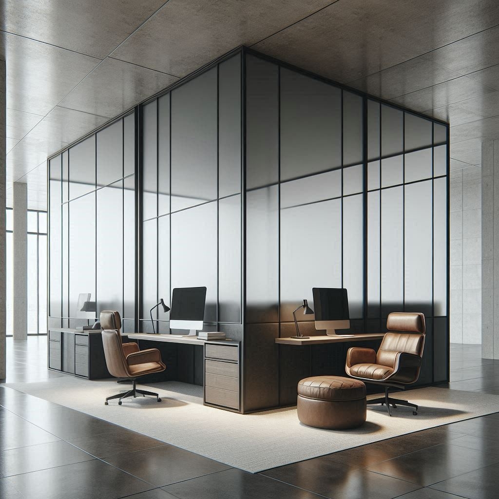 Office nook with earthy plaster walls, muted green accent wall and soft‑geometric lounge seating