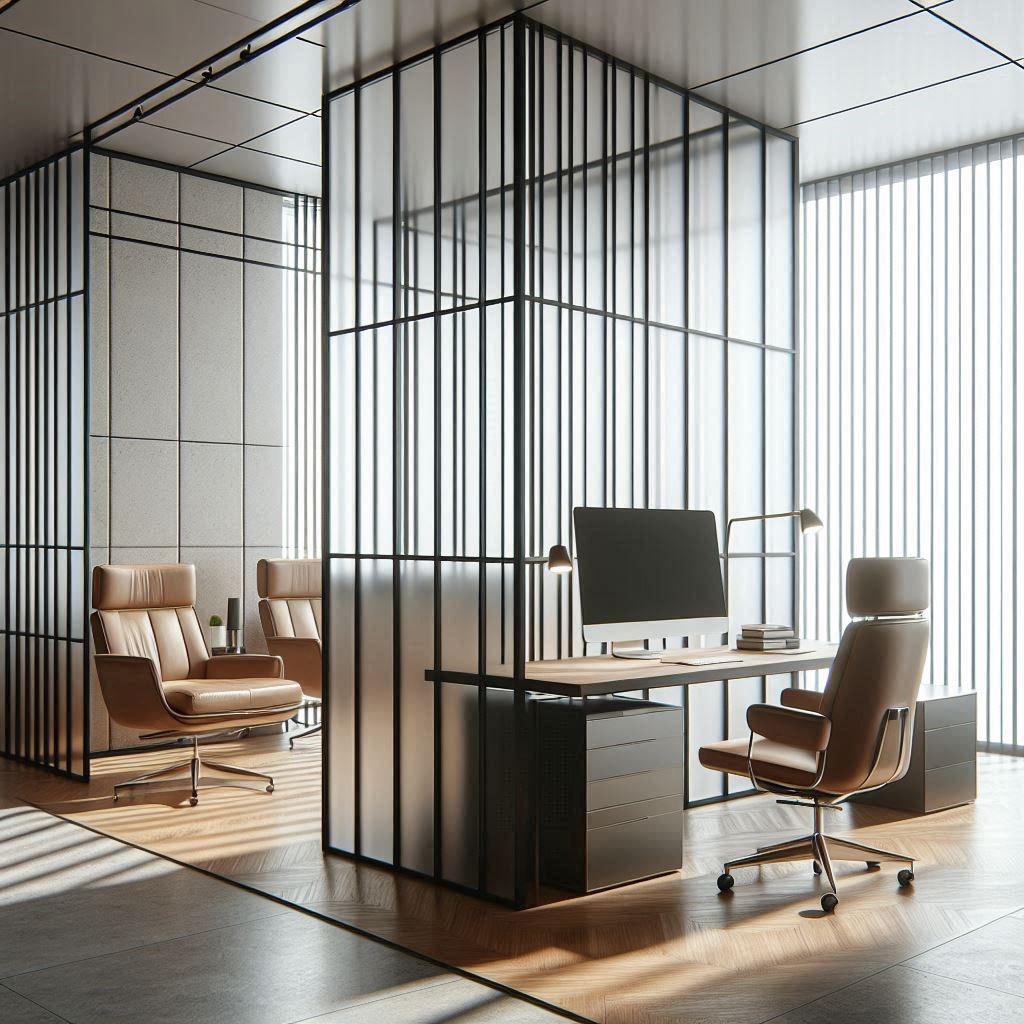 Spacious open‑plan workspace with curated greenery, glass partitions and minimalist desks