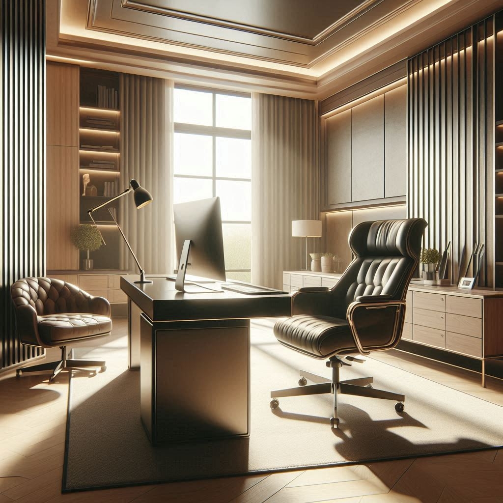 Monochrome office area with bold black‑and‑white contrast and striking graphic wall art